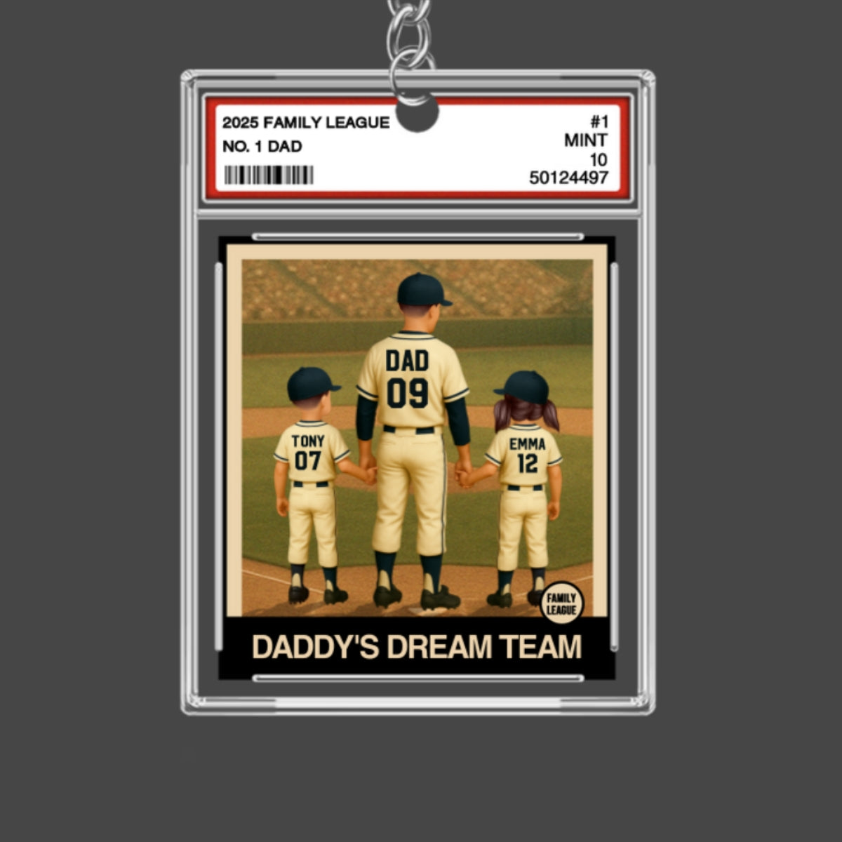 Baseball No. 1 Dad Man & Kids Trading Card Style Personalized Acrylic Keychain