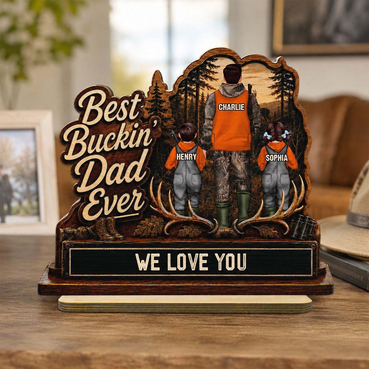 Best Buckin' Dad Papa Ever Hunting Man & Kids 2D Flat - Personalized 2-Layered Wooden Plaque - Father's Day Gift For Hunting Dad, Grandpa