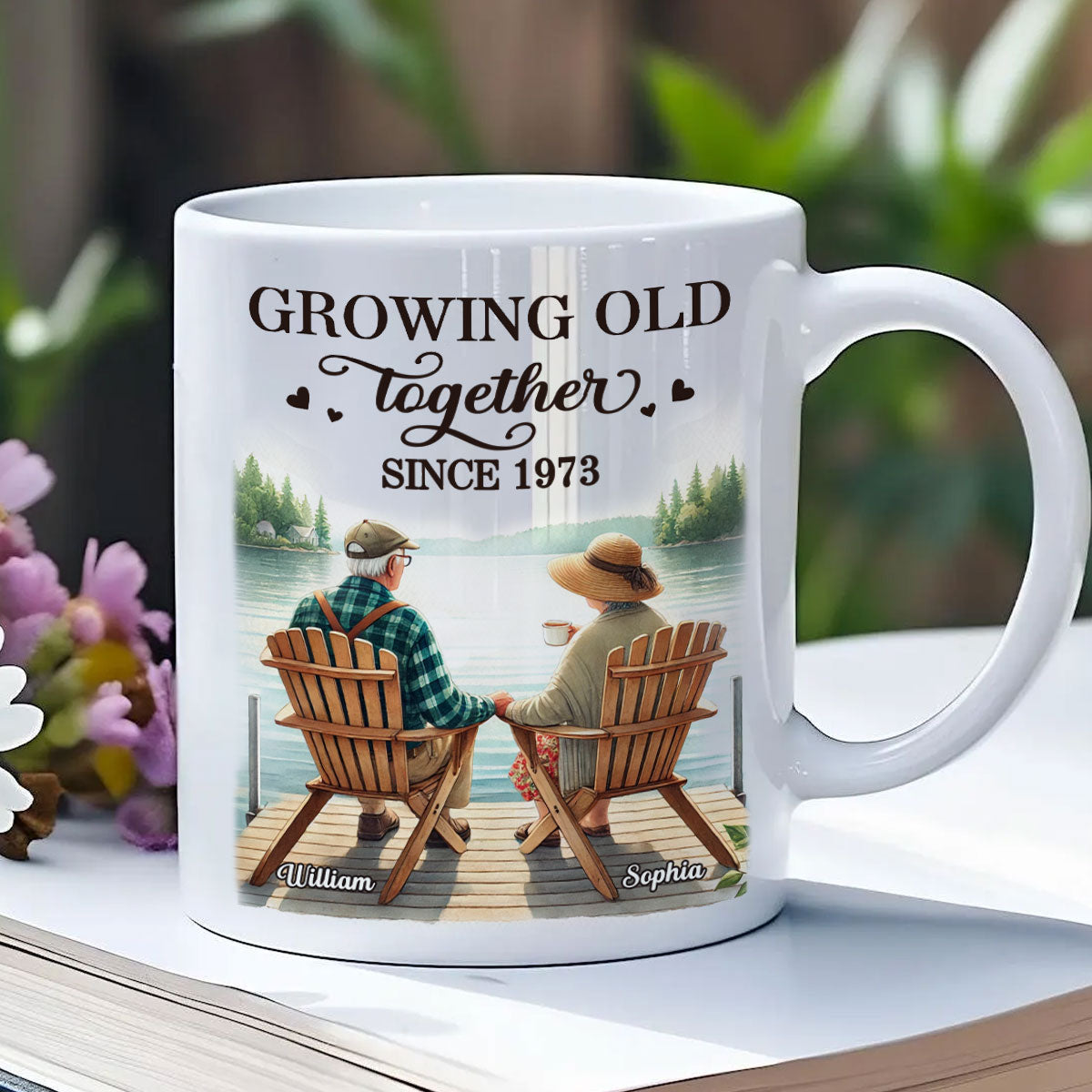 Back View Old Couple Sitting Together On The Lake Dock Personalized Mug, Heartfelt  Gift For Him, For Her, Husband, Wife