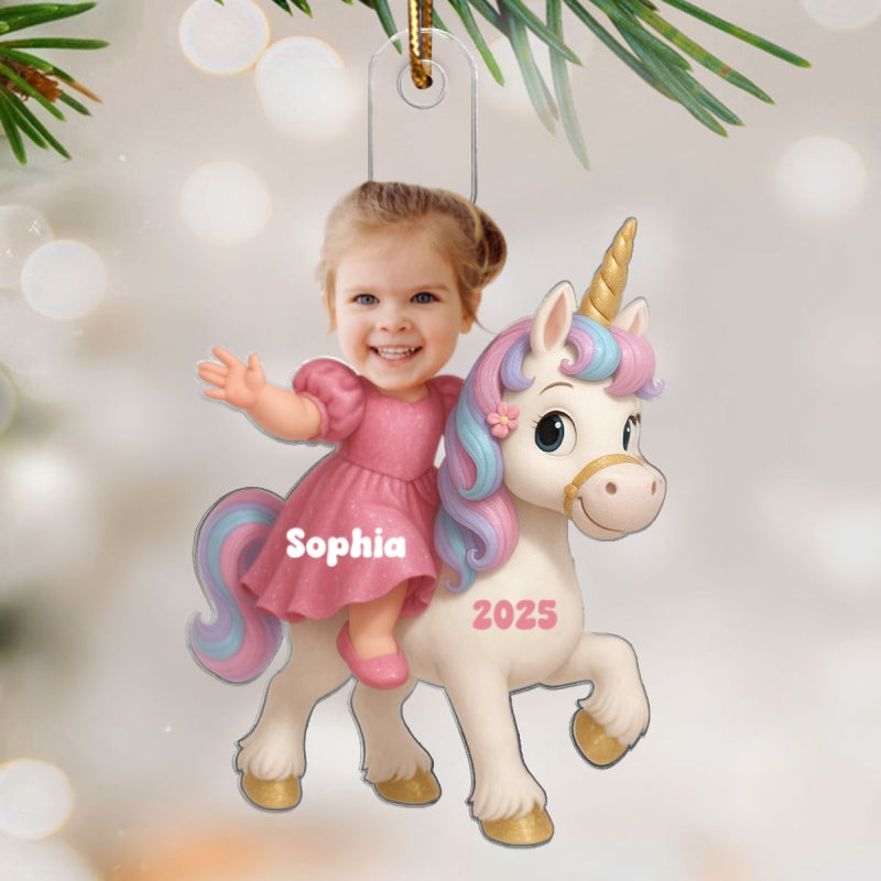 3D Effect Custom Kid Photo Face With Unicorn Christmas Personalized Acrylic Ornament