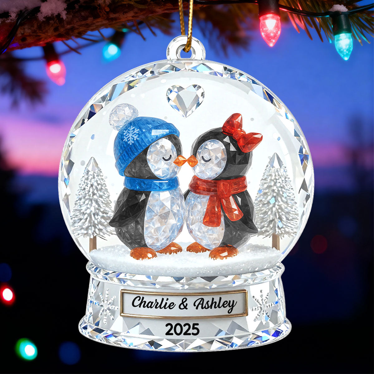 Penguin Couple 3D Crystal Effect - Personalized Acrylic Ornament - Christmas Gift for him, Gift for her