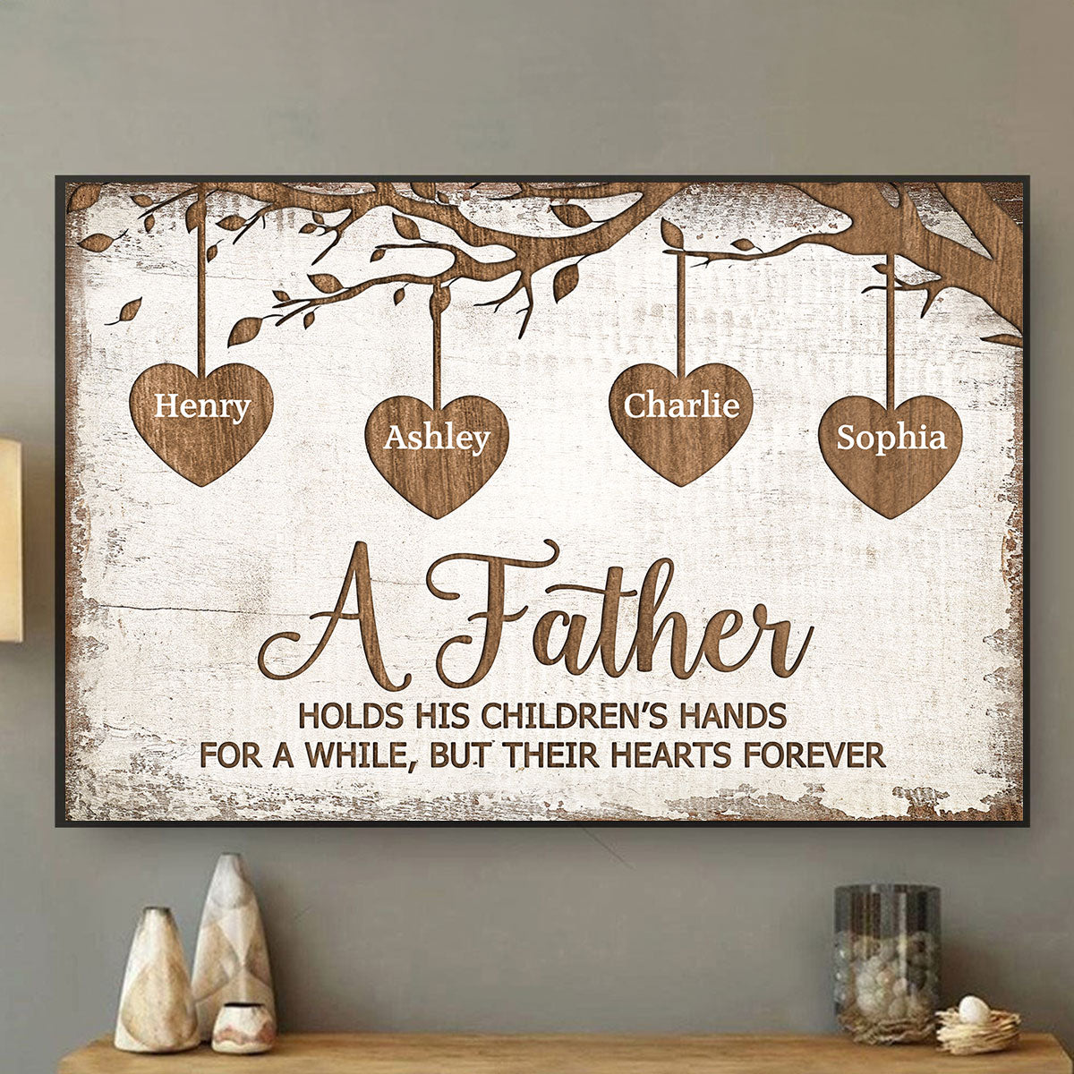 A Father Holds His Children Heart Forever Father's Day Gift for Dads, Personalized Poster Wall Art