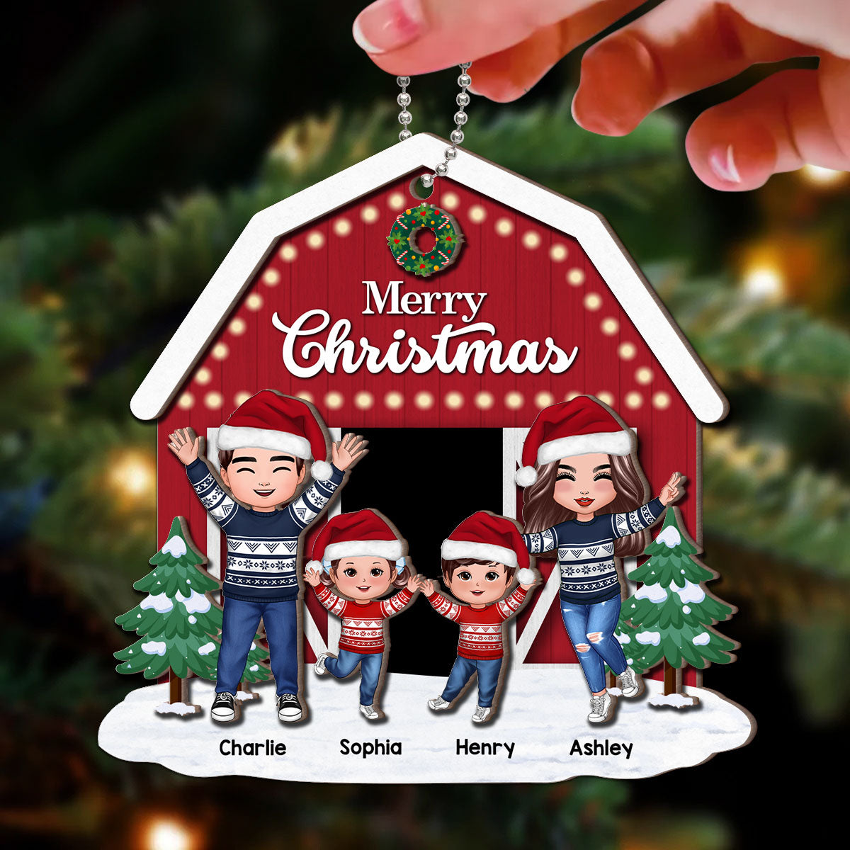 Christmas Farm House Family Decor Gift Personalized 2-Layer Wooden Ornament
