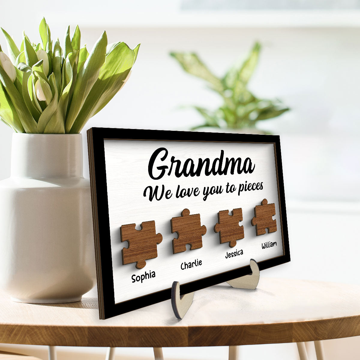 Mom Grandma We Love You To Pieces Kids Names Personalized 2-Layer Wooden Plaque