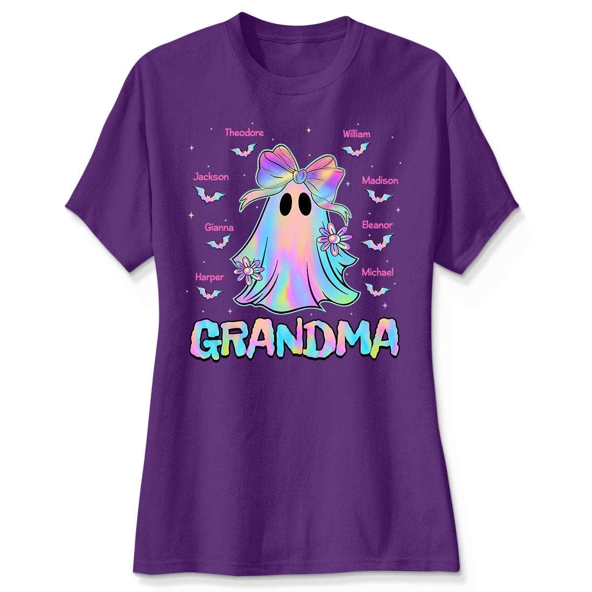 Halloween Preppy Style Iridescent Boo Kids Names Grandma Heart Personalized Shirt