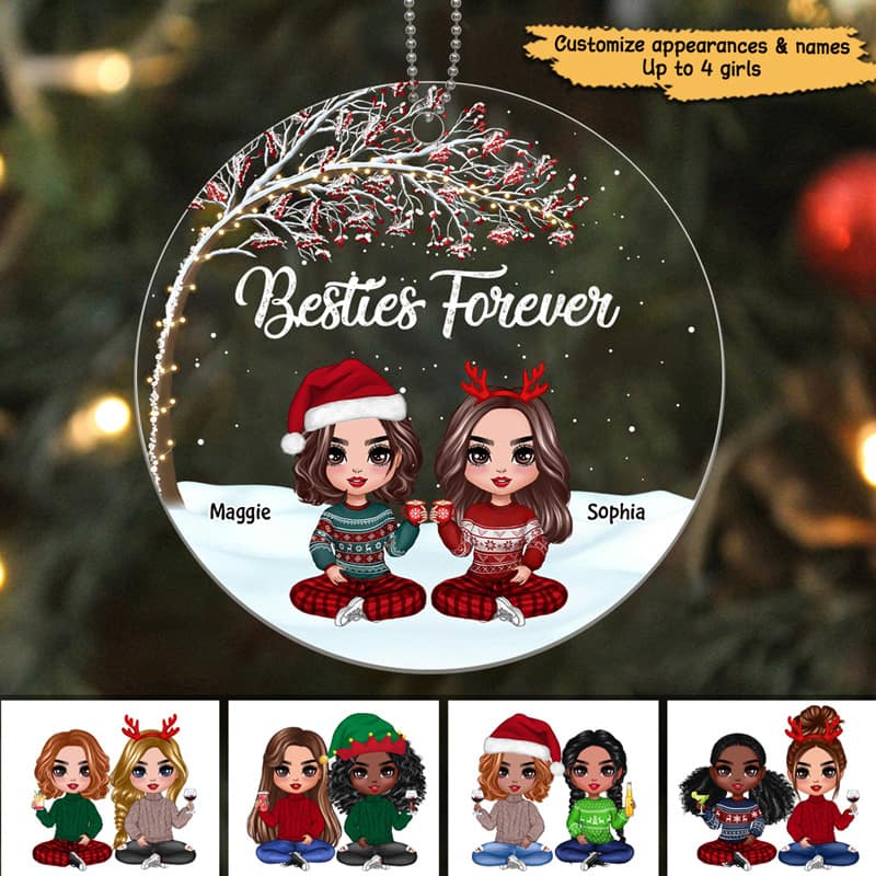 Doll Besties Under Tree In Snow Personalized Acrylic Ornament
