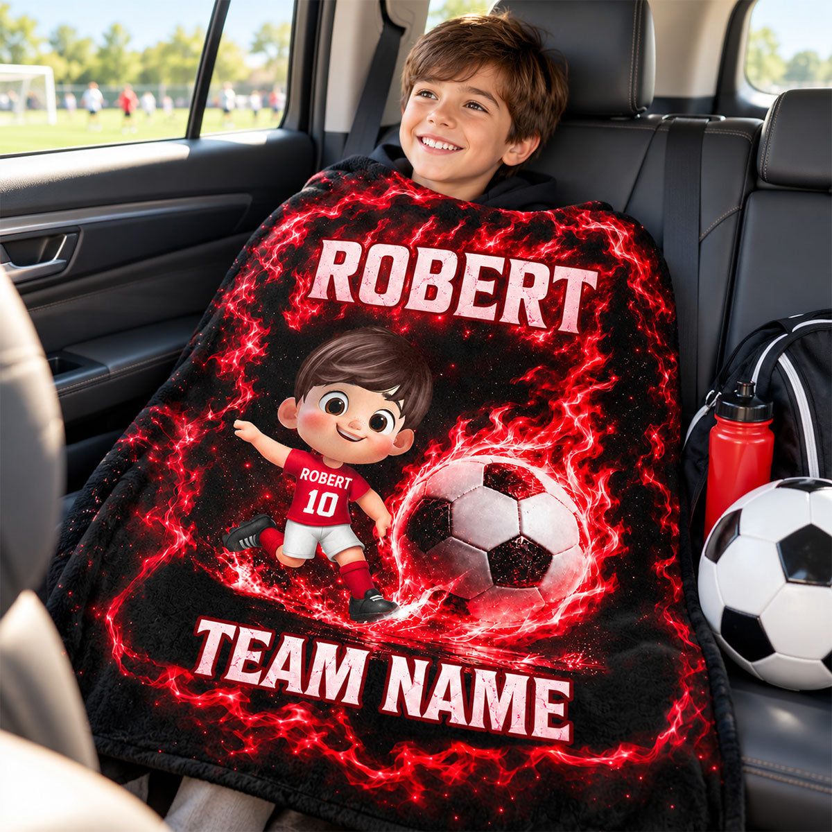 Cute Kid Soccer Player Custom Name And Team Name - Personalized Fleece Blanket - Christmas Gift For American Football Players, Grandson, Son, Daughter, Granddaughter