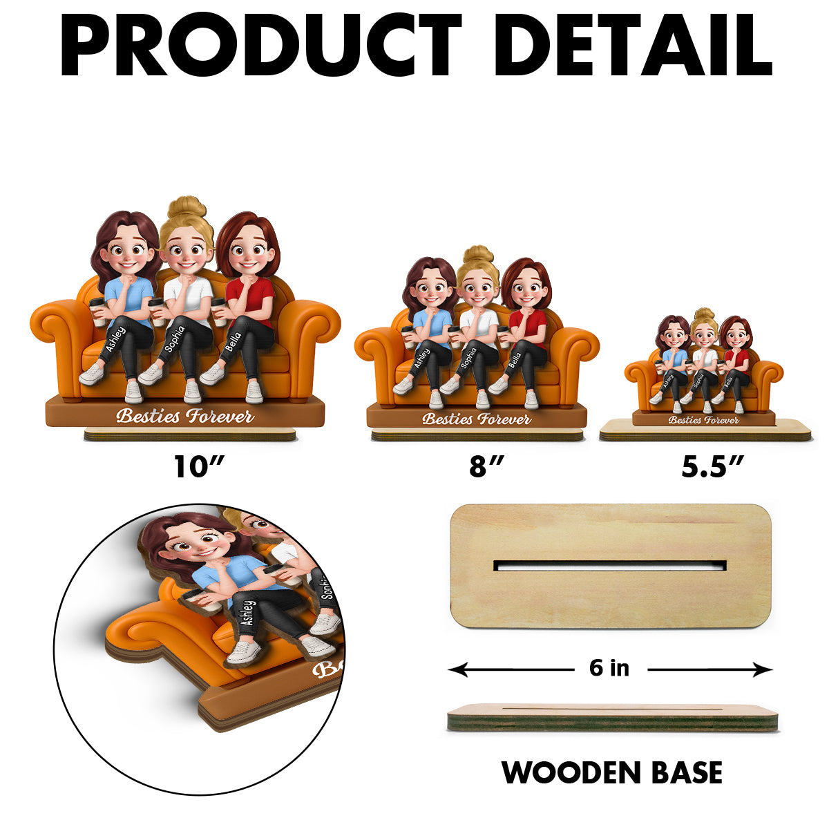 Besties Sitting On Sofa Personalized Wooden Standing Plaque, Gift for Besties, Sisters, Best Friends