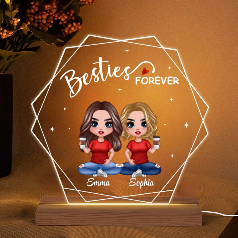 Hexagon Frame Doll Besties Sisters Sitting Personalized Custom Shape Acrylic Plaque With LED Night Light