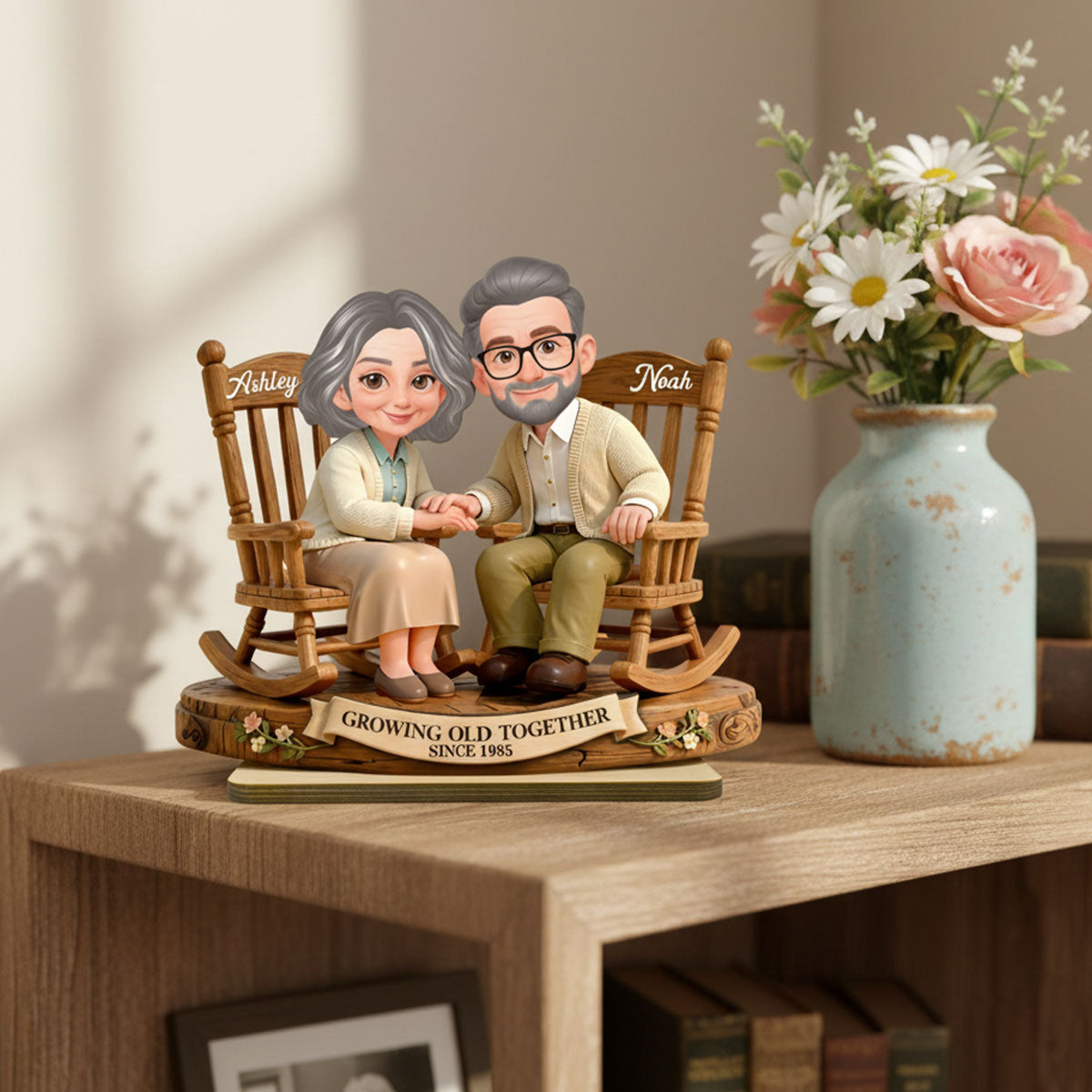 Eternal Love Couple On Rocking Chairs Growing Old Together - Personalized 2-Layer Wooden Plaque - Heartfelt Valentine's Day, Anniversary Gift For Couple, Gift For Him, For Her