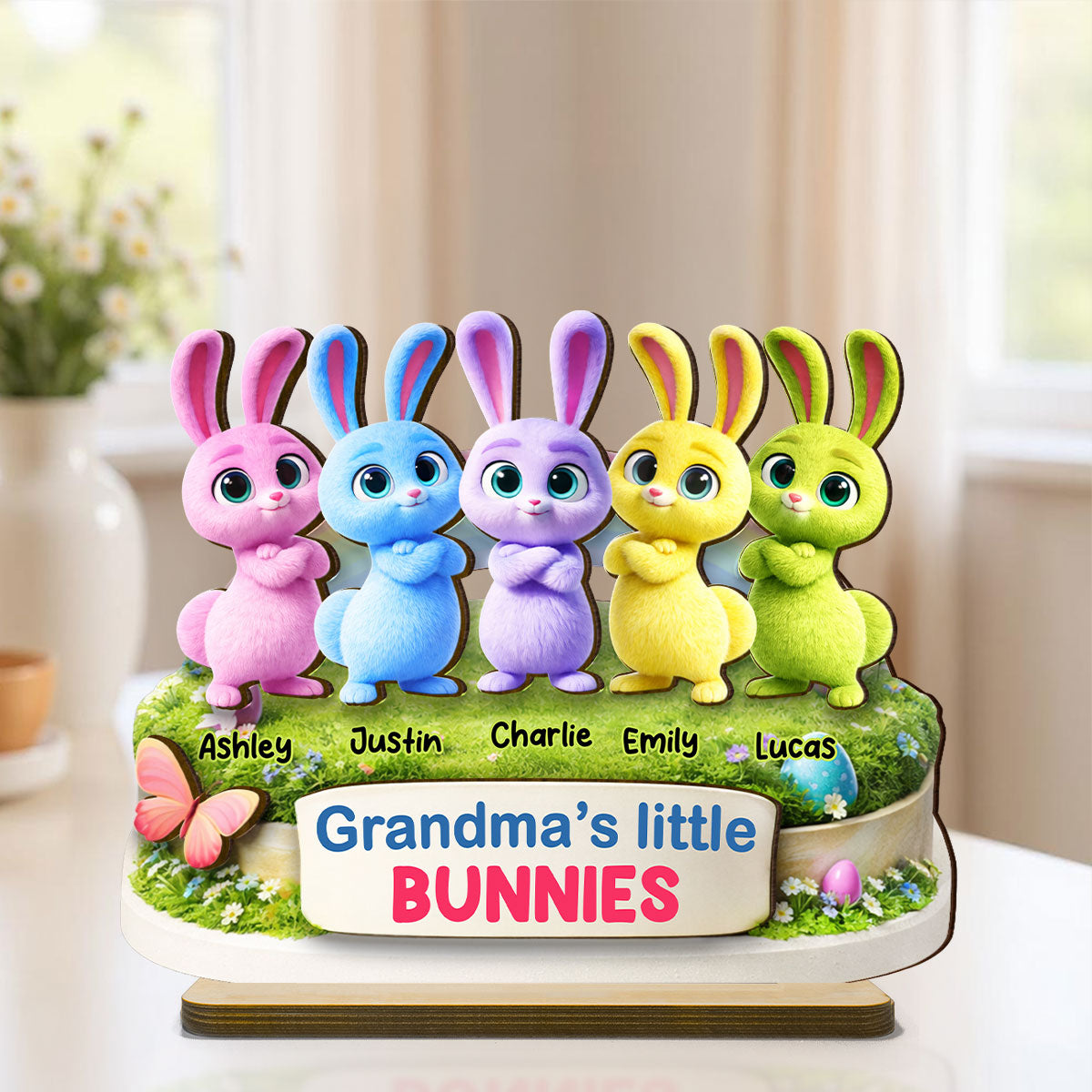 Grandma's Little Bunnies Cute Rabbits - Personalized 2-Layered Wooden Plaque - Easter Decor Gift for Grandma, Mom