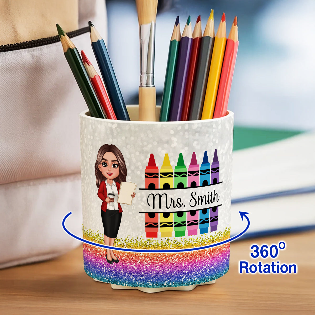 Teacher Crayon Glitter Texture Personalized Rotating Pen Holder, Teacher Appreciation Gift, Back To School Gift