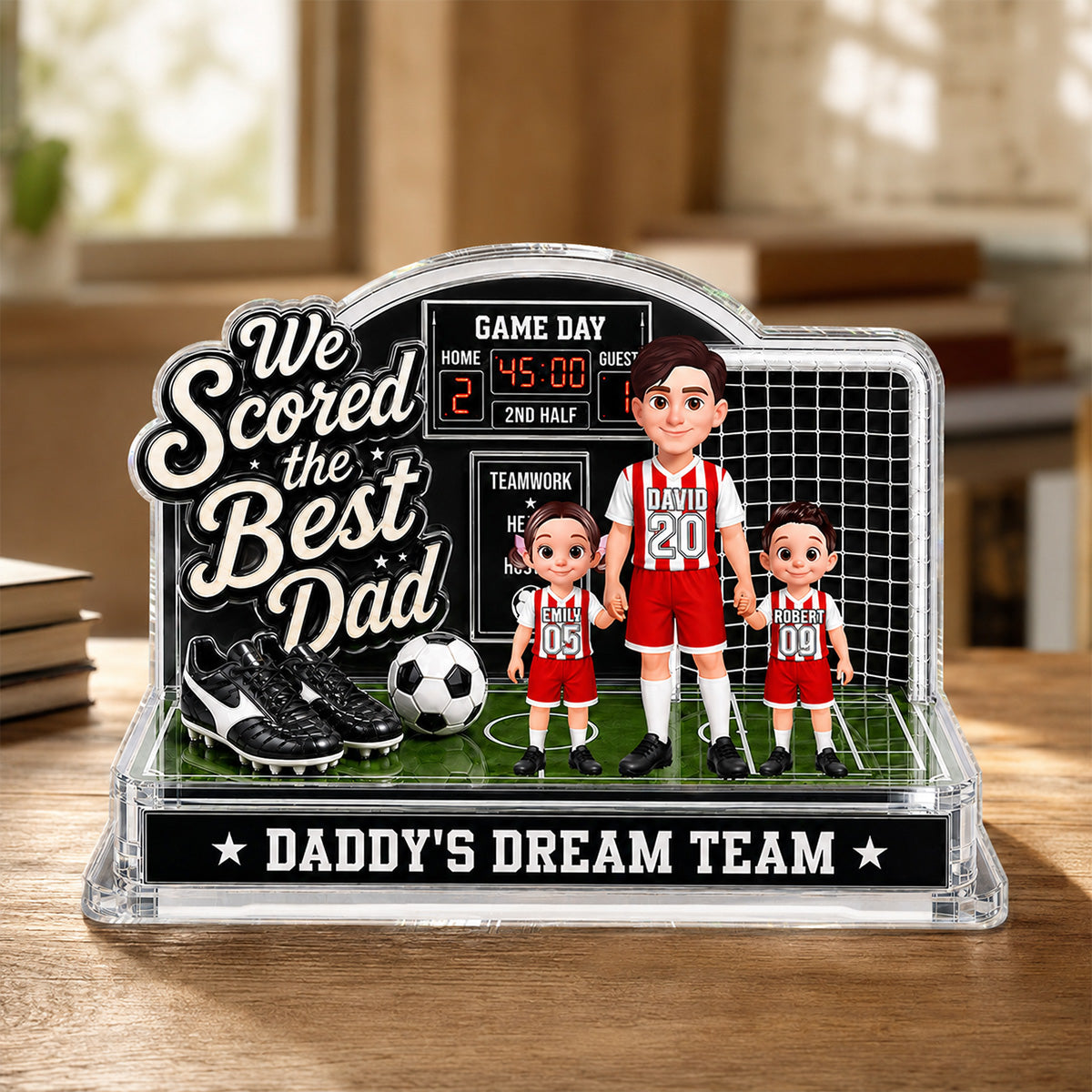 Soccer Dad & Kids On Court 2D Flat - Personalized Acrylic Block Plaque - Father's Day Gift For Soccer Dad, UK Football Dad