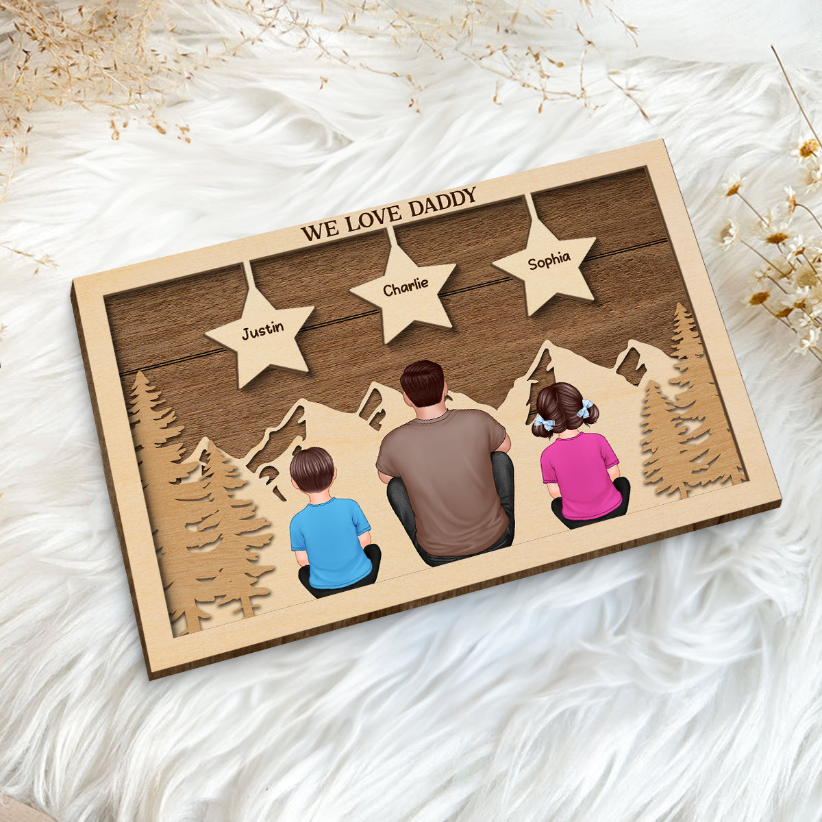 Dad Man Kids Dogs Cats Sitting Back View Forest Stars Personalized 2-Layer Wooden Plaque