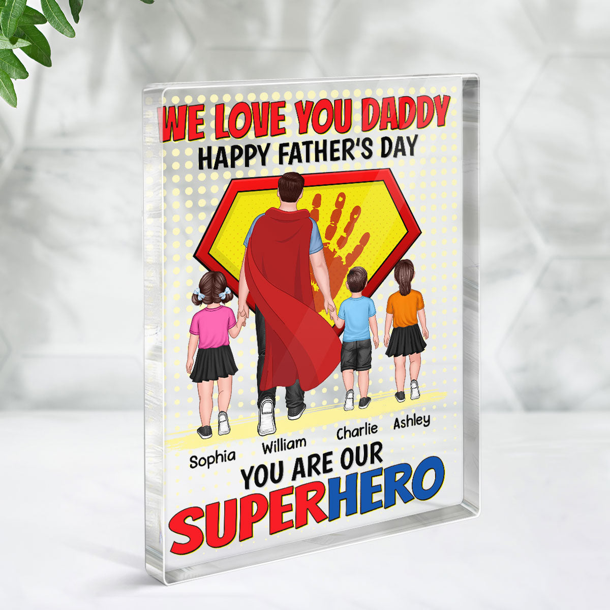 Superhero Dad And Kids Personalized Rectangle Acrylic Block Plaque