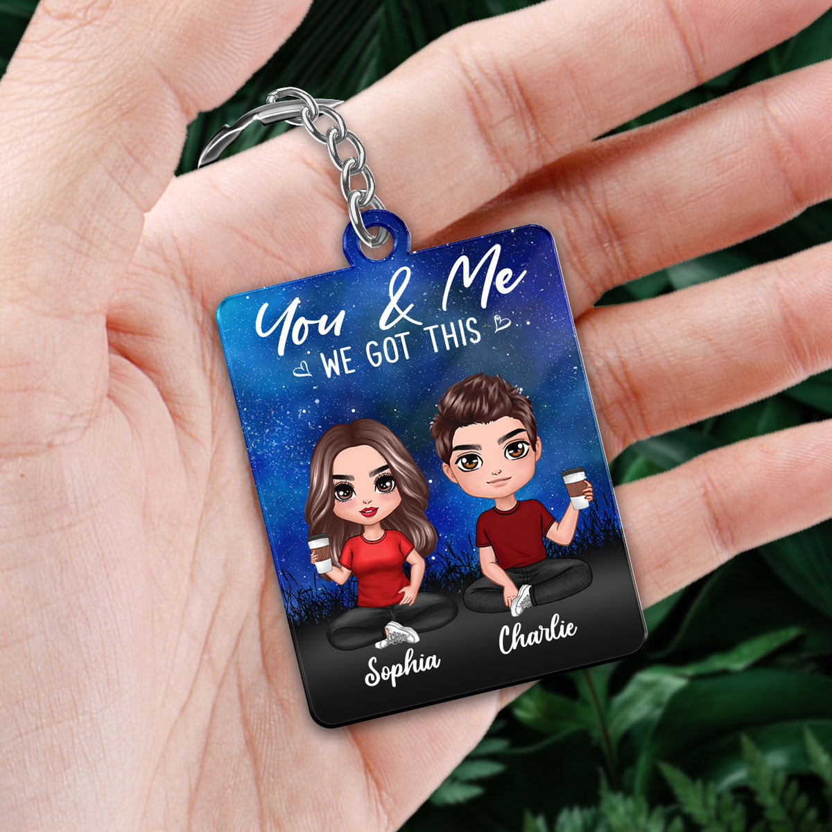 Doll Couple Sitting Under Starry Night Favorite Song QR Code Personalized Acrylic Keychain