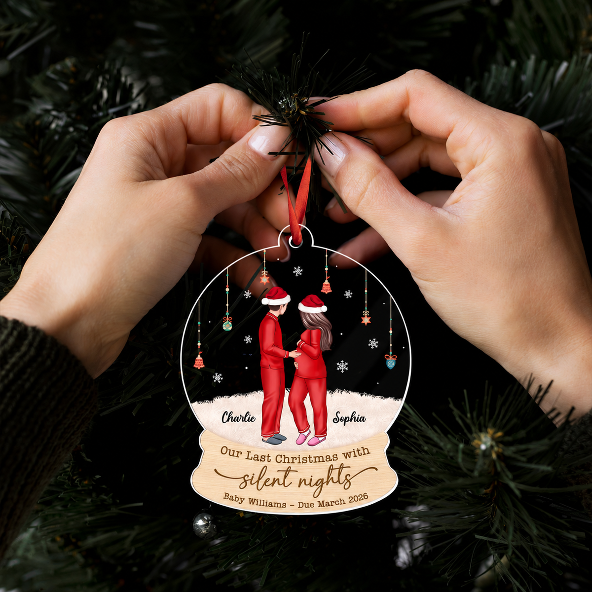 Last Christmas With Silent Nights, Expecting Family, Baby Coming Soon, Pregnancy Announcement Personalized Acrylic Ornament