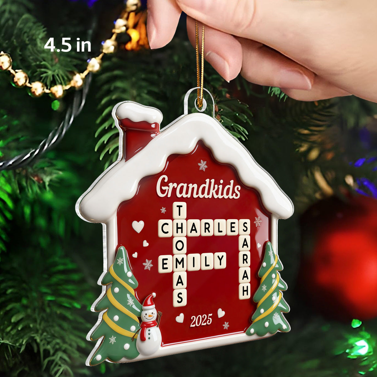 3D Effect Festive Christmas House Grandparents Grandkids Forever Linked Together Crossword Puzzle Art - Personalized Acrylic Ornament