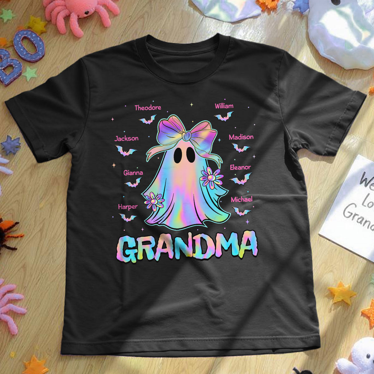 Halloween Preppy Style Iridescent Boo Kids Names Grandma Heart Personalized Shirt