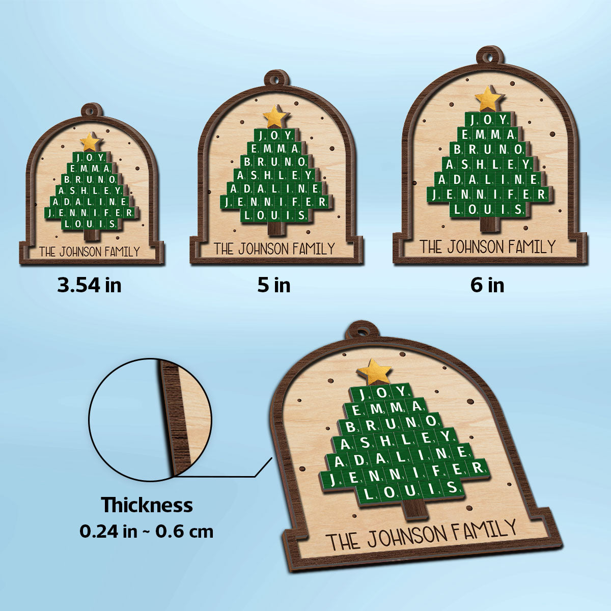 Family Christmas Tree Word Art Unique Christmas Decor Personalized 2-Layer Wooden Ornament
