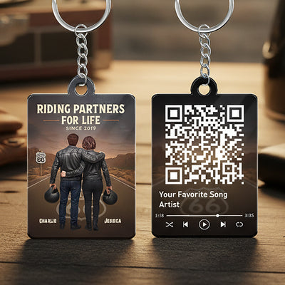 Eternal Love Back View Biker Couple Riding Partners For Life - Personalized Acrylic Keychain - Gift For Couple, Bikers, Scannable QR Code Favorite Song