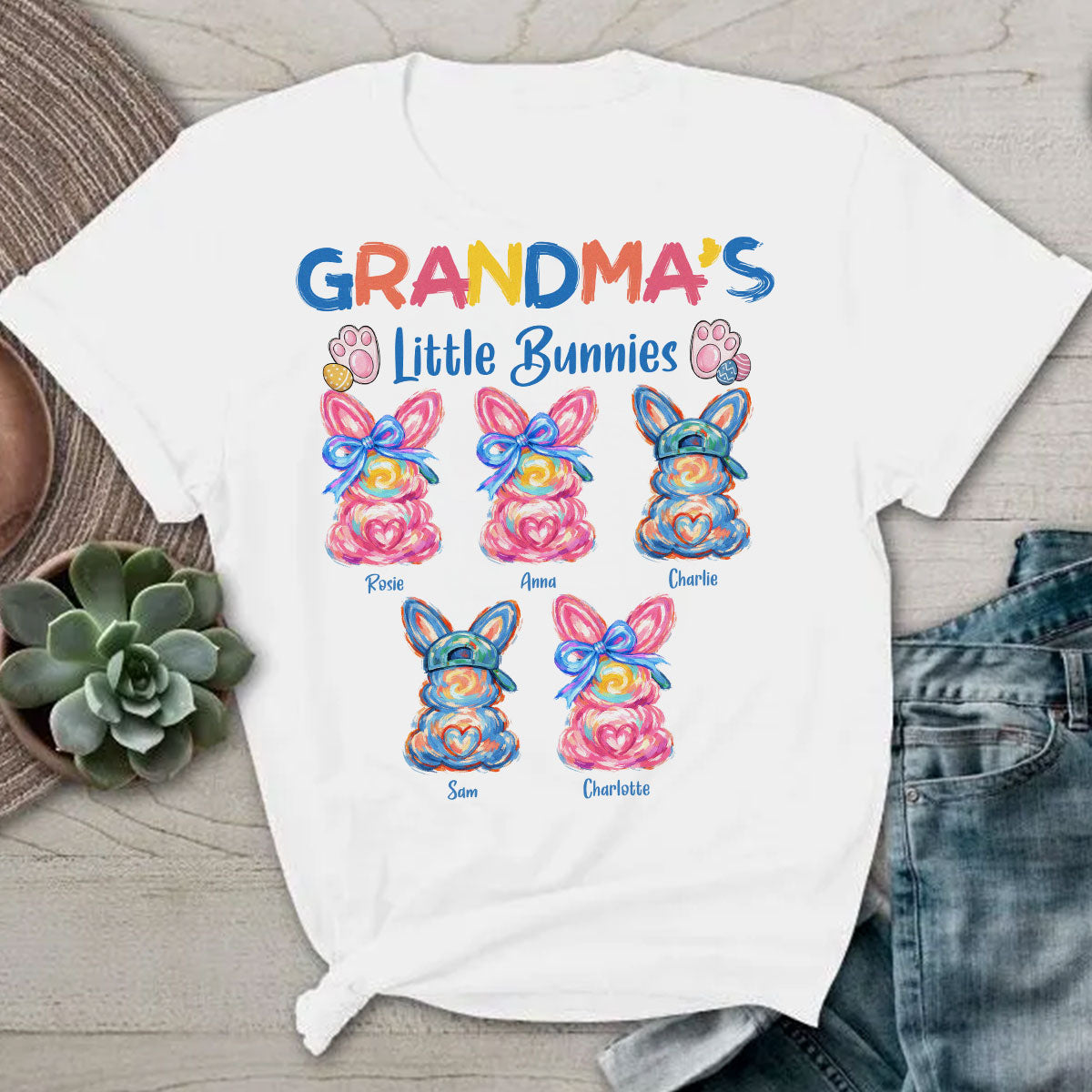 Grandma's Little Bunnies Colorful Brushstroke - Personalized Shirt - Easter Shirt for Grandma