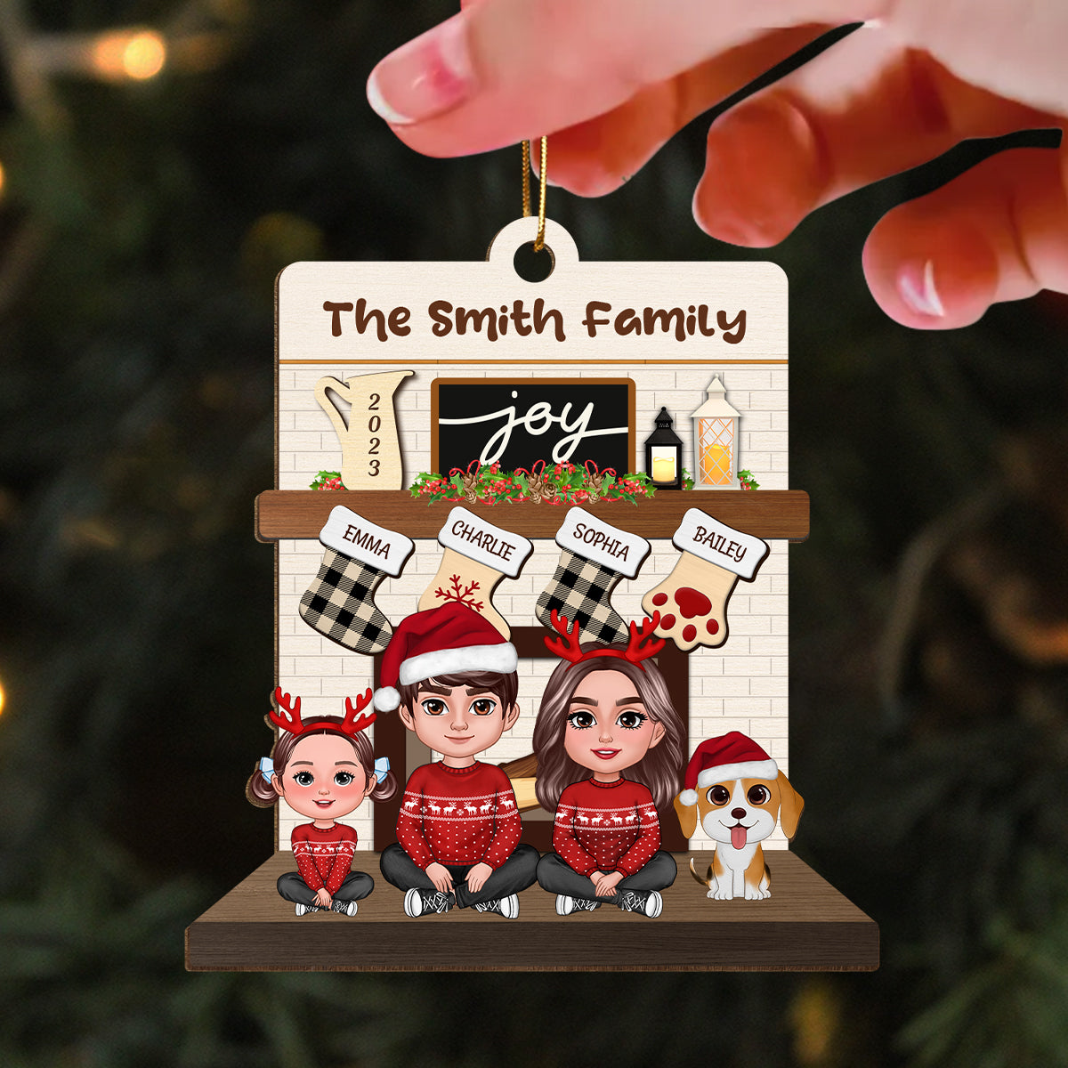 Couple Sitting With Dogs Cats Fireplace Personalized Wooden Ornament
