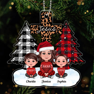 Christmas Tree & Cross Cute Grandma & Grandkids Sitting Personalized Acrylic Ornament