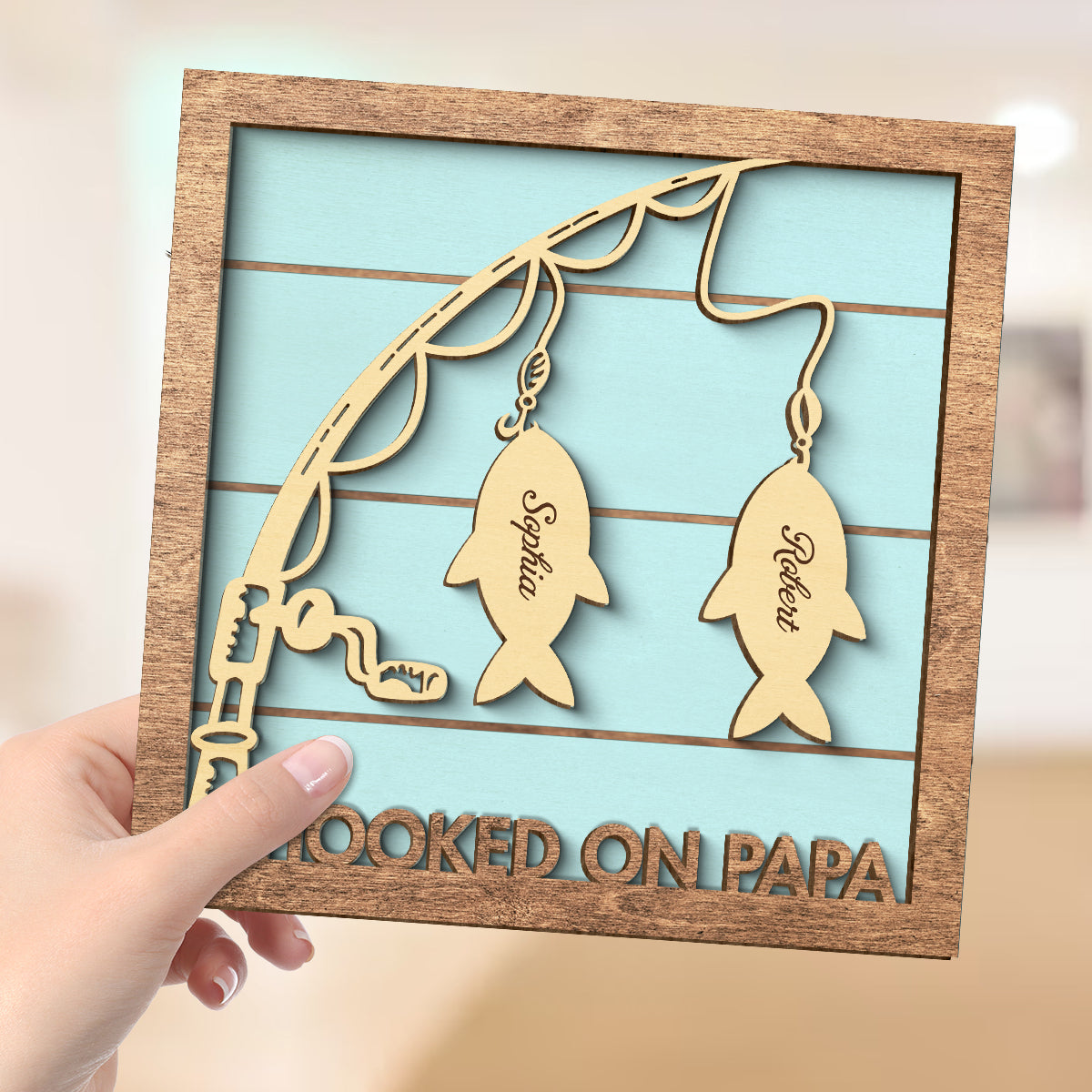 Hooked On Papa Fishing Grandpa Personalized 2-Layer Wooden Plaque