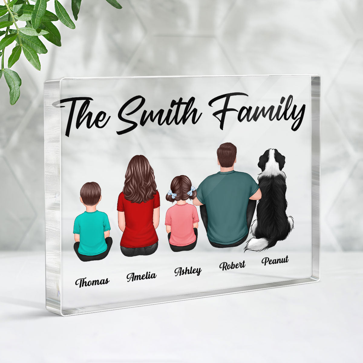 Whole Back View Family Couple Dad Mom Kids Dogs Cats Personalized Horizontal Rectangle Acrylic Block