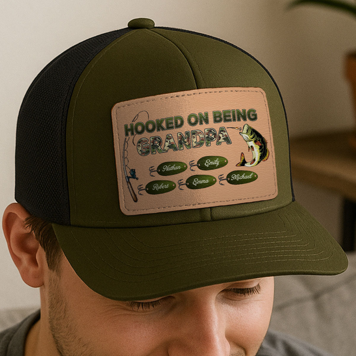 Hooked On Being Grandpa Papa Fishing Camouflage Personalized Leather Patch Hat, Father's Day gift