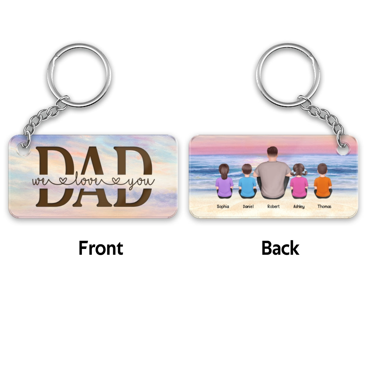 Sunset Beach Landscape Best Dad Ever Back View Man Kids Dog Cat Personalized Acrylic Keychain