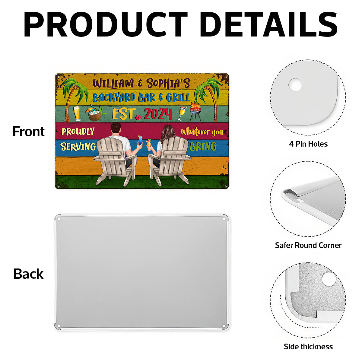 Welcome To Backyard Bar & Grill Back View Couple Personalized Metal Sign