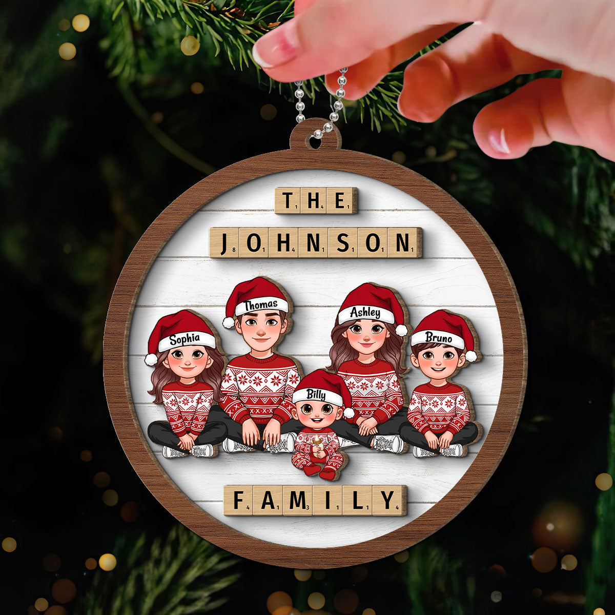 Animated Family Sitting Wooden Blocks Personalized 2-Layer Wooden Ornament, Christmas Decoration, Christmas Gift For Family
