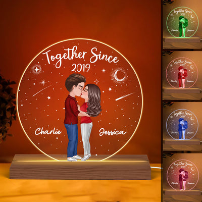 Doll Couple Kissing Personalized Circle Acrylic 7 Color Plaque LED Night Light - Anniversary Gift For Her - Gift For Him