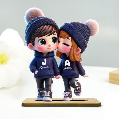 3D Effect Cute Cartoon Couple Walking Personalized Standing Wooden Plaque,  Gift for Him, Gift for Her