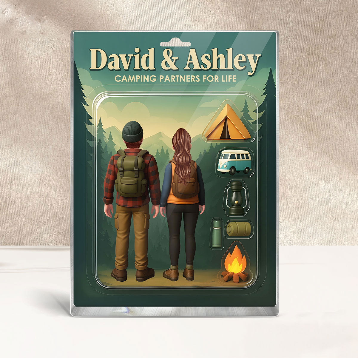 Camping Couple Toy Box Figures Style Personalized Acrylic Block Plaque