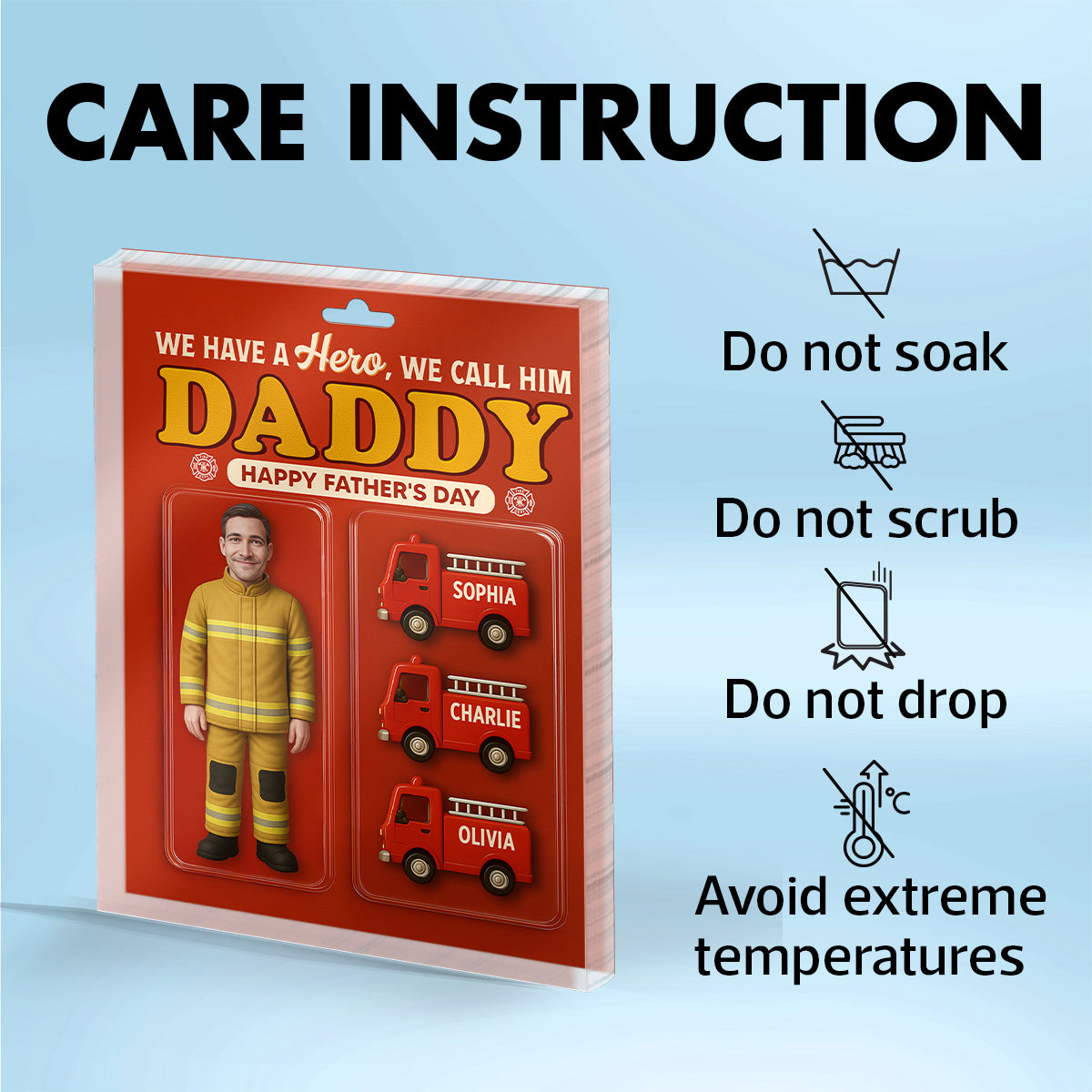 Firefighter Dad Hero Custom Figure 3D Effect Personalized Flat Acrylic Block Plaque, Unique  Gift For Dad