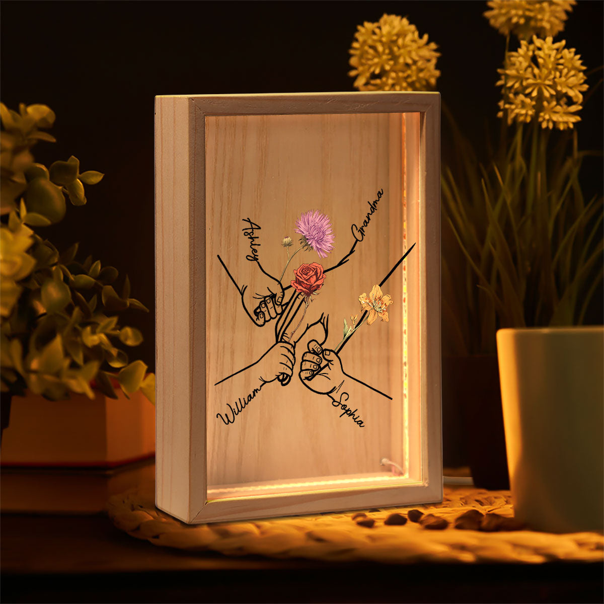 Kids Holding Grandma Mom Hand Birth Month Flowers Personalized Frame Light Box