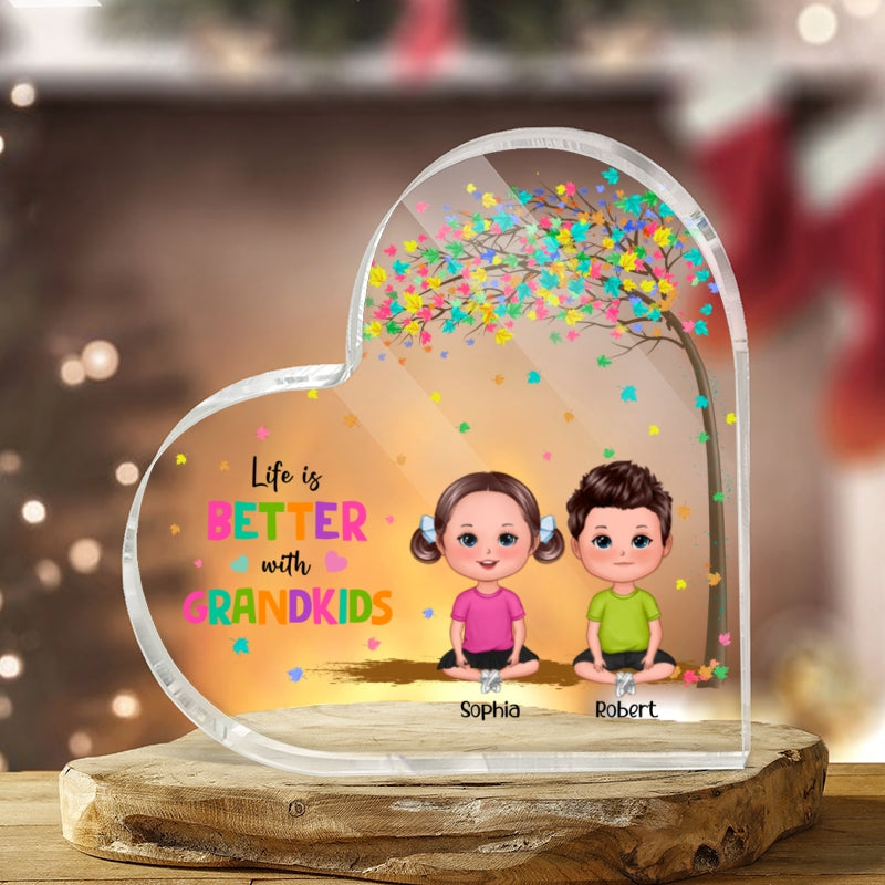 Life Is Better With Grandkids Doll Kids Sitting Under Colorful Tree Personalized Heart Acrylic Plaque