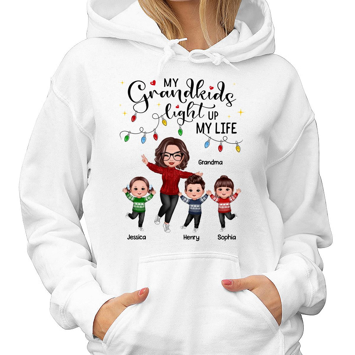 Happy Doll Grandma And Kids My Grandkids Light Up My Life Christmas Personalized Shirt