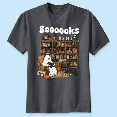 Booooks Retro Ghost Reading Books Personalized Halloween Shirt for Book Lover, Librarian, Teacher