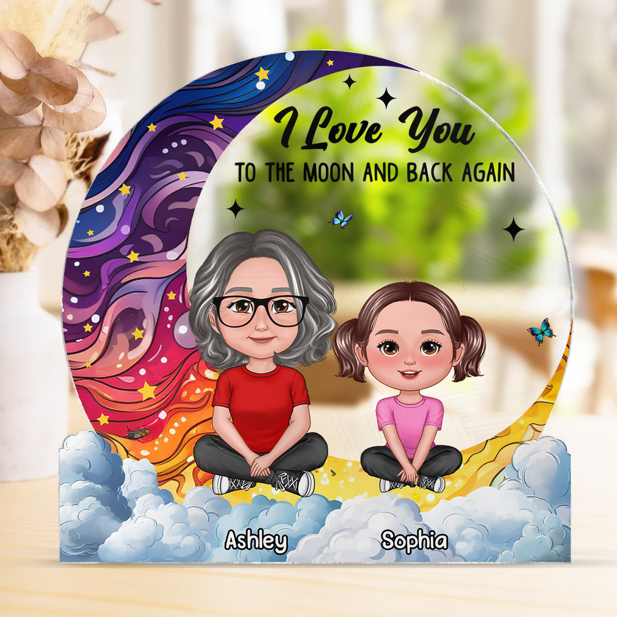 Love You To The Moon Grandma & Grandkids Sitting Crossed Legs Personalized Acrylic Block Plaque