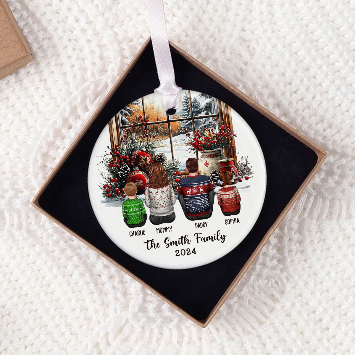 Family Sitting By The Window Personalized Ceramic Ornament, Christmas Gift for Siblings