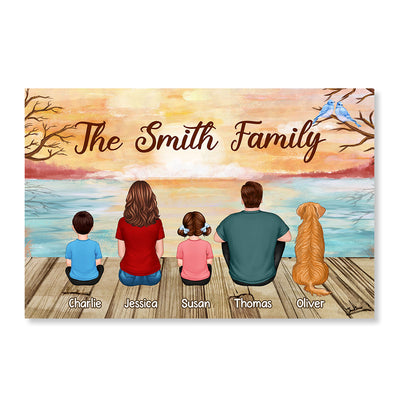 Lake View Whole Back View Family Grandpa Grandma Couple Dad Mom Kids Dogs Cats Sitting Personalized Horizontal Poster
