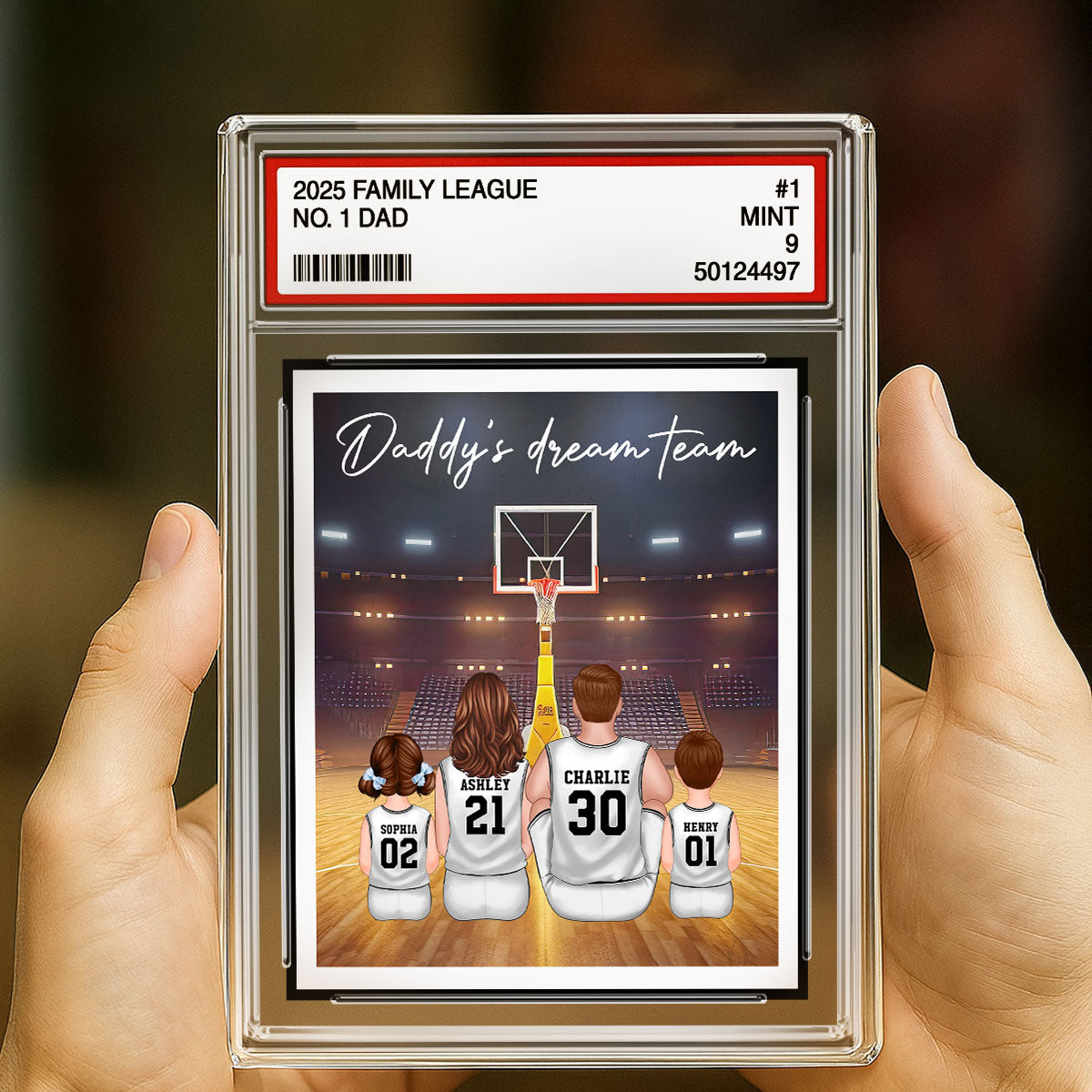 Basketball Daddy's Dream Team No. 1 Dad Man & Kids Sitting Trading Card Style - Personalized Acrylic Block Plaque