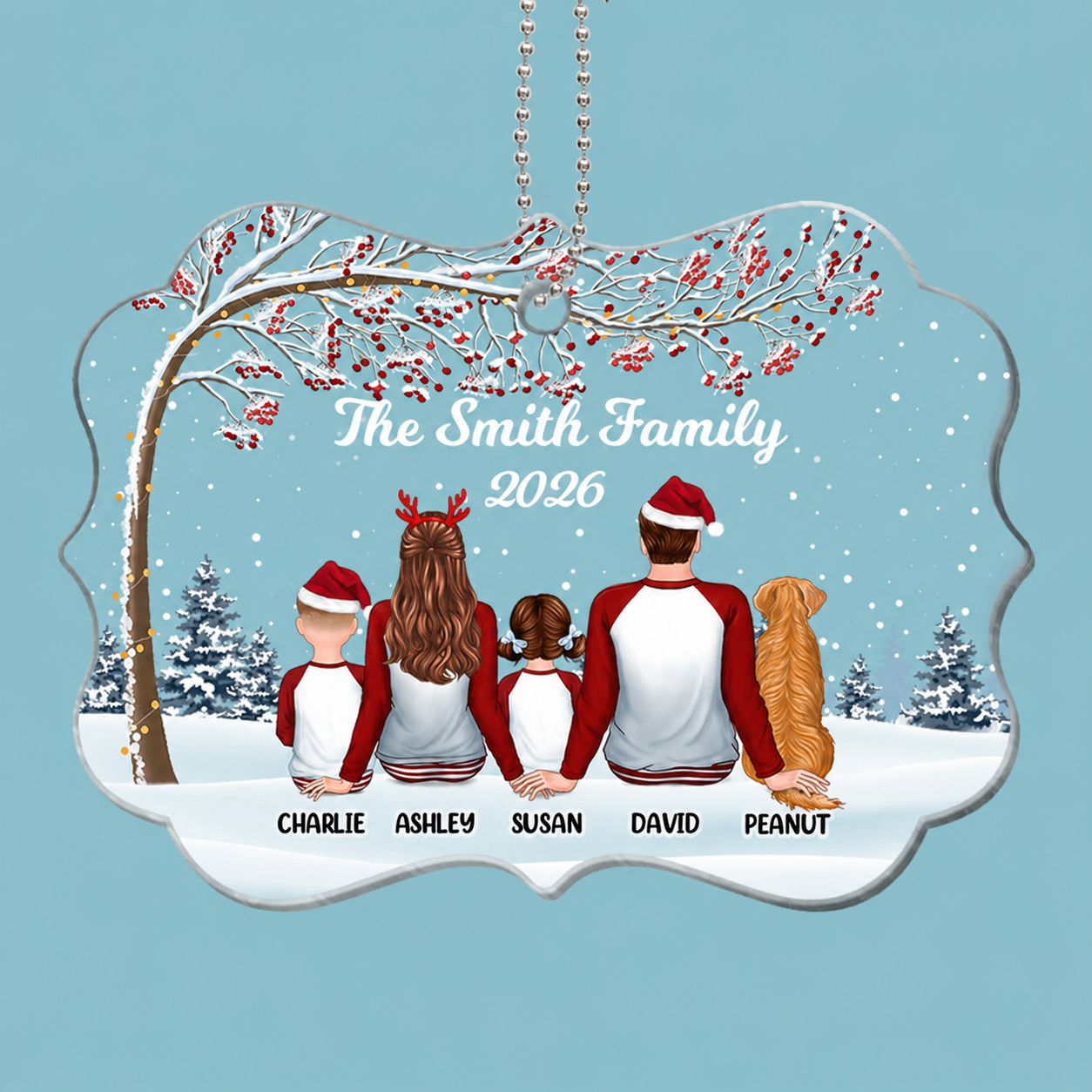 Pajamas Family Sitting Under Berry Tree Personalized Acrylic Ornament
