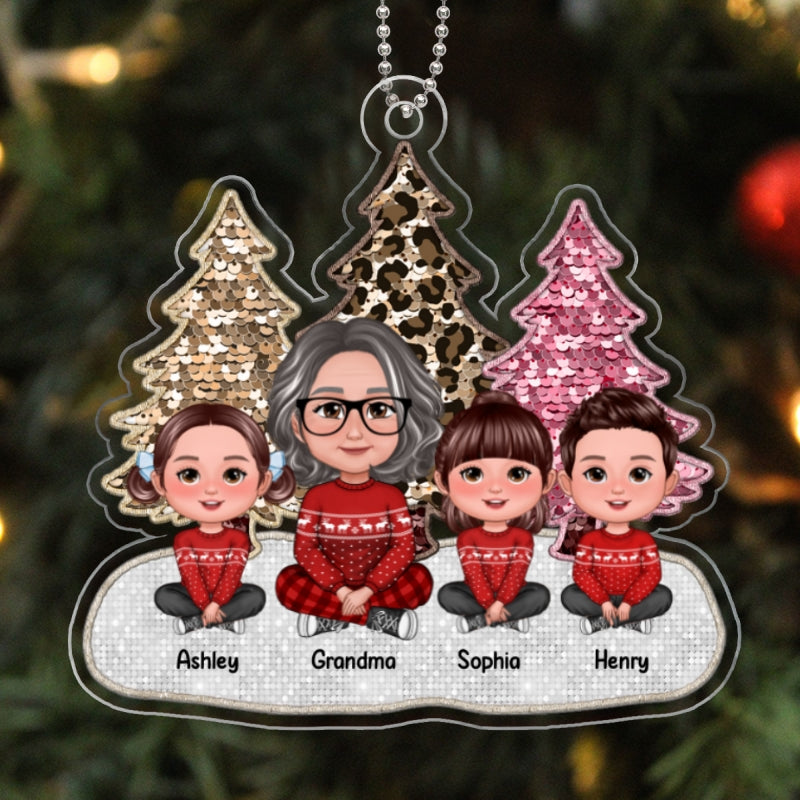 Pink Leopard Faux Sequin Effect Christmas Trees Grandma & Grandkids Crossed Legs Sitting Personalized Acrylic Ornament