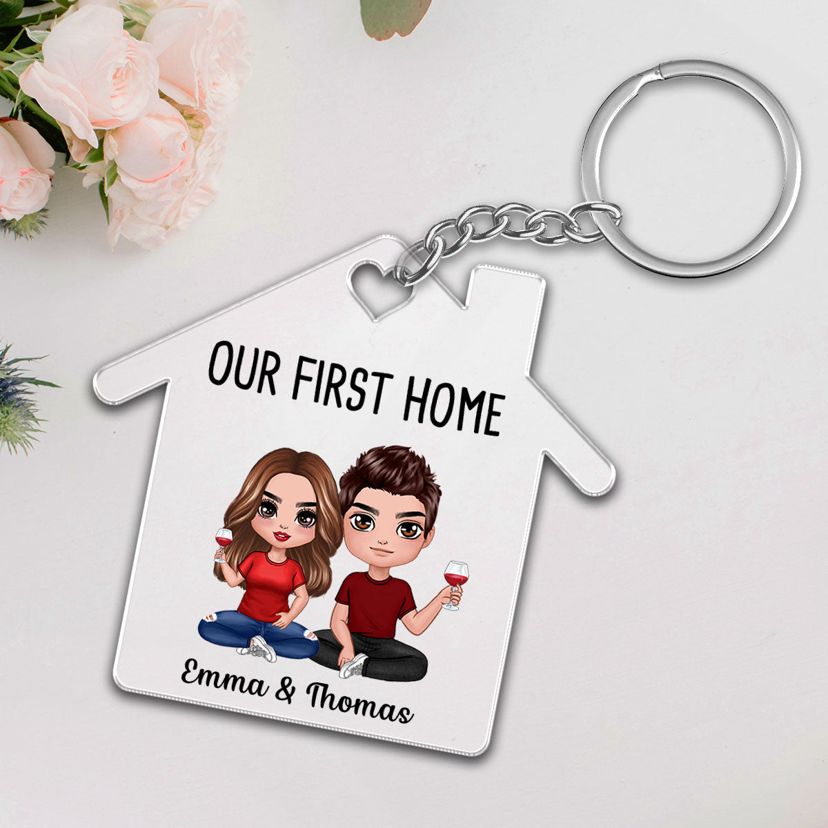 Doll Couple Sitting Our First Home Personalize Acrylic Keychain