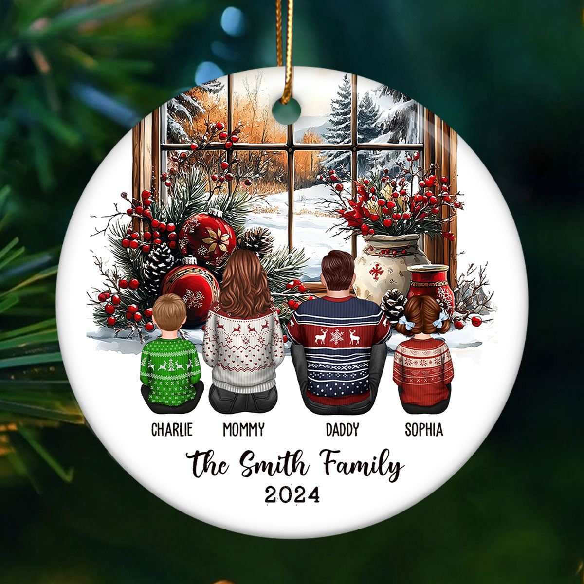 Family Sitting By The Window Personalized Ceramic Ornament, Christmas Gift for Siblings